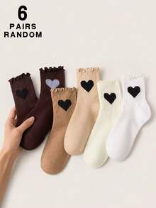 6 Pairs/12 Pairs Random Women's Heart Embroidery Ruffle Trim Crew Socks, Cute Knitted Soft Breathable Casual Everyday Socks - Multicolor - View 6