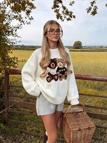 Women's Beige Cute Double‑Bear Jacquard Knit Sweater, Round Neck Loose Drop‑Shoulder Ribbed Long‑Sleeve Pullover, Fall Back‑To‑School Outfit, - White - View 1