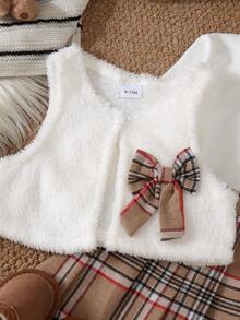 3pcs Baby Girl Gentle Academy Style Plush Plaid Bow Vest + Solid Color Small Stand Collar Long Sleeve Base Layer + Matching Plaid Pleated Skirt Set, Autumn/Winter - Khaki - View 5