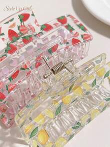 6pcs Cute Fruit & Floral Print Hair Clips Set, Suitable For Women And Girls, Transparent Rectangular Non-Slip Strong Hold Hair Clips, Strawberry Lemon Heart Y2K Style Hair Accessories, Suitable For Thick Hair, Daily And Back To School Gift - Multicolor - View 5