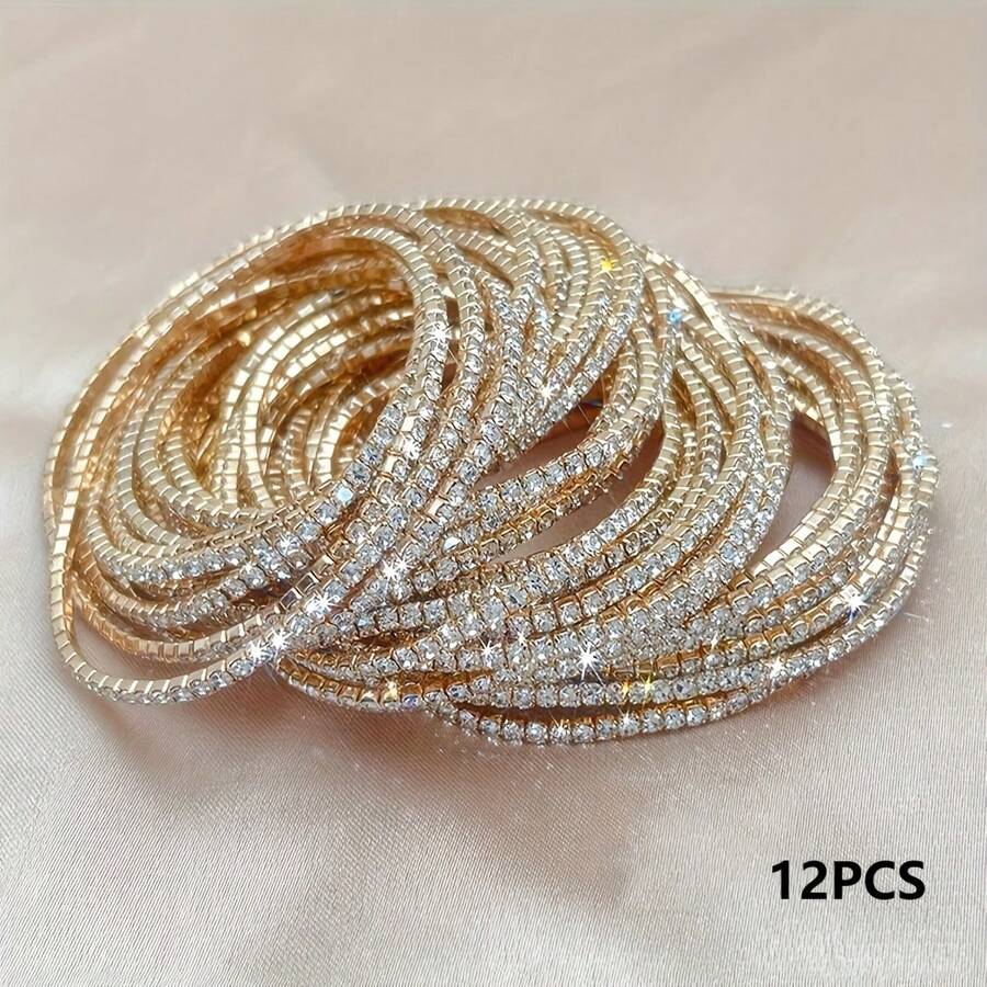 Bộ 12 vòng tay tennis bóng bẩy cho nữ, thiết kế co giãn, vừa mọi cỡ cổ tay, phong cách Ins tinh tế - Bộ 12 vòng tay - Xem 1