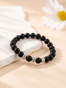 1PC Men's Personalized Name Engraved Beaded Bracelet, Natural Matte Black Stone Bracelet, Supports Customization Of 1-5 Names, Natural Stone Bracelet With 1-5 Names Engraved On Stainless Steel Spacers, Matte Black Natural Stone Beaded Bracelet, Minimalist Matte Men's Accessory, Carrying Family And Loved Ones' Names As Memorial, Minimalist High-End Men's Jewelry, Family Affection Memorial Style, Birthday Anniversary Gift, Exclusive Memorial Bracelet For Husband, Father, Boyfriend - Natural Stone Bracelet - View 6
