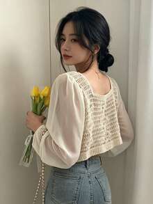 YCYC Casual Colorblock Crochet Patchwork Long Sleeve Cropped Shirt - Apricot - View 4