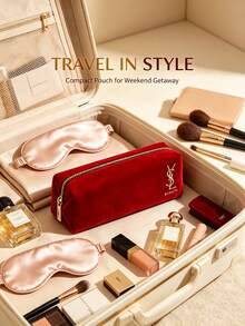 Yves Saint Laurent YSL Saint Laurent Luxury Burgundy Velvet Makeup Bag With Gold Foil Logo, Compact Portable Zippered Cosmetic Pouch - Wine Red Red Envelope - View 4