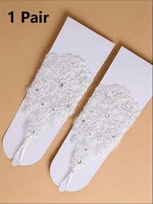 1 Pair White Short Rhinestone Lace Fingerless Gloves, Bridal Embroidered Lace Gloves With Ties, Elegant Accessory For Wedding, Banquet, Party, Performance, Birthday, Holiday Events - Multicolor - View 11
