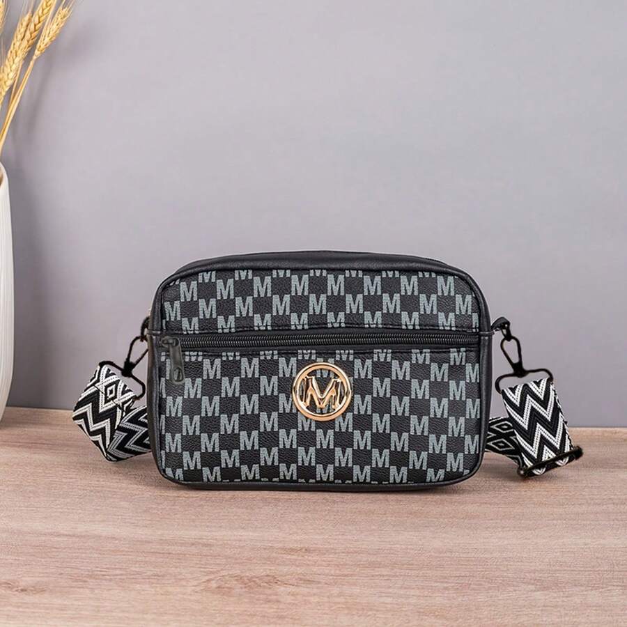 Printed Crossbody Camera Bag, Golden M-Letter Metal Emblem, Geometric Wide Adjustable Shoulder Strap, Fashionable And Small Square Ladies' Handbag - Multicolor - View 1