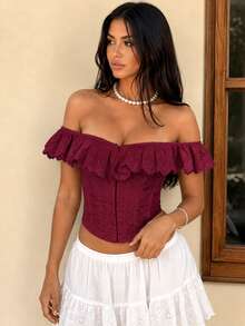 Elegant Short Fitted Corset Top With Embroidery And Ruffle Trim, Front Hook Closure, Back Lace-Up Open Back, Elegant Bandeau Style Shaping Top, Summer Electronic Music Festival Party - Burgundy - View 1