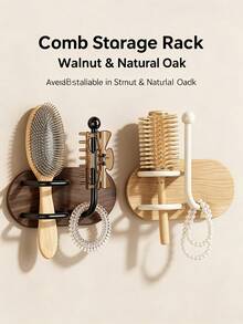 1/2pcs No-Drill Wall-Mounted Hair Tool Storage Rack, Wooden Bathroom Organizer Shelf, Practical Storage And Bathroom Decor, Suitable For Combs, Hair Clips And Hair Ties, Space-Saving - Multicolor - View 3