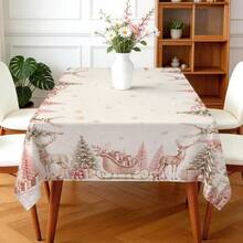 1pc Pink Reindeer Christmas Tablecloth, Pink Christmas Tree Reindeer Sleigh Gift Print Pattern, Polyester Material Single-Sided Print, Suitable For Tabletop, Washable And Reusable, Suitable For Indoor, Outdoor, Yard, Wedding, Banquet, Party, Outdoor Dining, Suitable For Craft Exhibition, Banquet Event Decoration - Multicolor - View 6