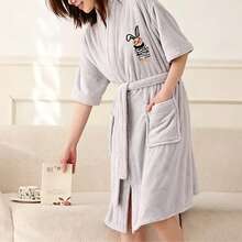 Cartoon Embroidered Short Sleeve Bathrobe For Women, Absorbent Quick-Dry Towel Material Wearable Bath Towel, Summer Lightweight Tie-Front Double Pocket Bath Robe - Grey - View 1
