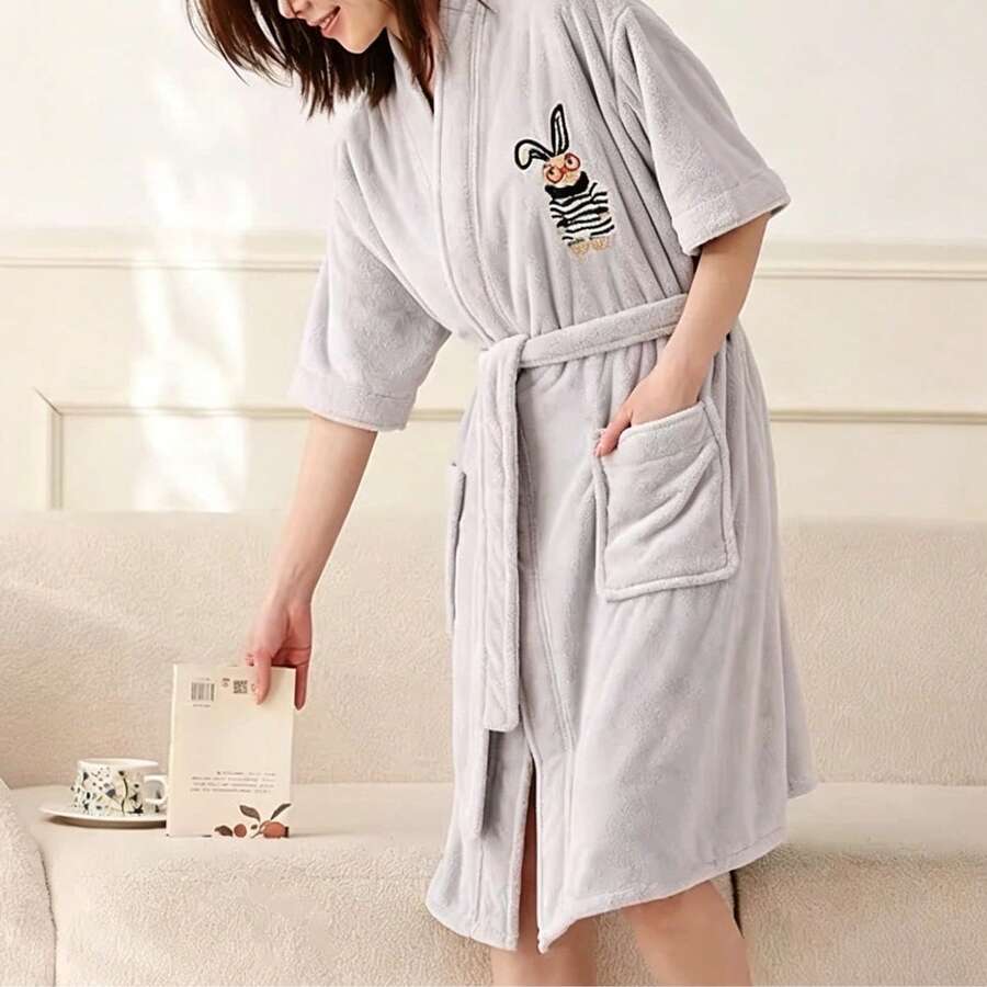 Cartoon Embroidered Short Sleeve Bathrobe For Women, Absorbent Quick-Dry Towel Material Wearable Bath Towel, Summer Lightweight Tie-Front Double Pocket Bath Robe - Grey - View 1