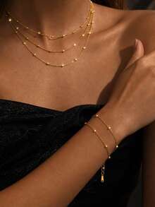 VceTd 1/2PCS Minimalist Vacation Style Asymmetrical Random Beads Chain Design Stainless Steel Women's Jewelry Set Suitable For Women's Daily Wear Or Vacation Wear Or Gift - Yellow Gold - View 1