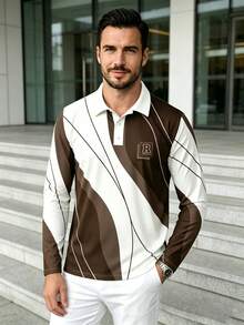 Men's Retro Contrast Color R Letter Print Wavy Pattern Long Sleeve Polo Shirt With Collar And Buttons - Multicolor - View 2