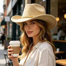 Retro Cowgirl Hat For Women Men Faux Suede Wide Brim Western Cap - Light Brown - View 4