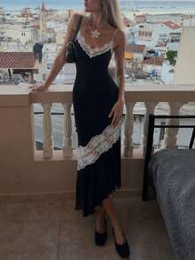 Women's Sexy Backless Lace Ruffle Patchwork Spaghetti Strap Maxi Dress, Vintage Elegant, 10cm - Black - View 3