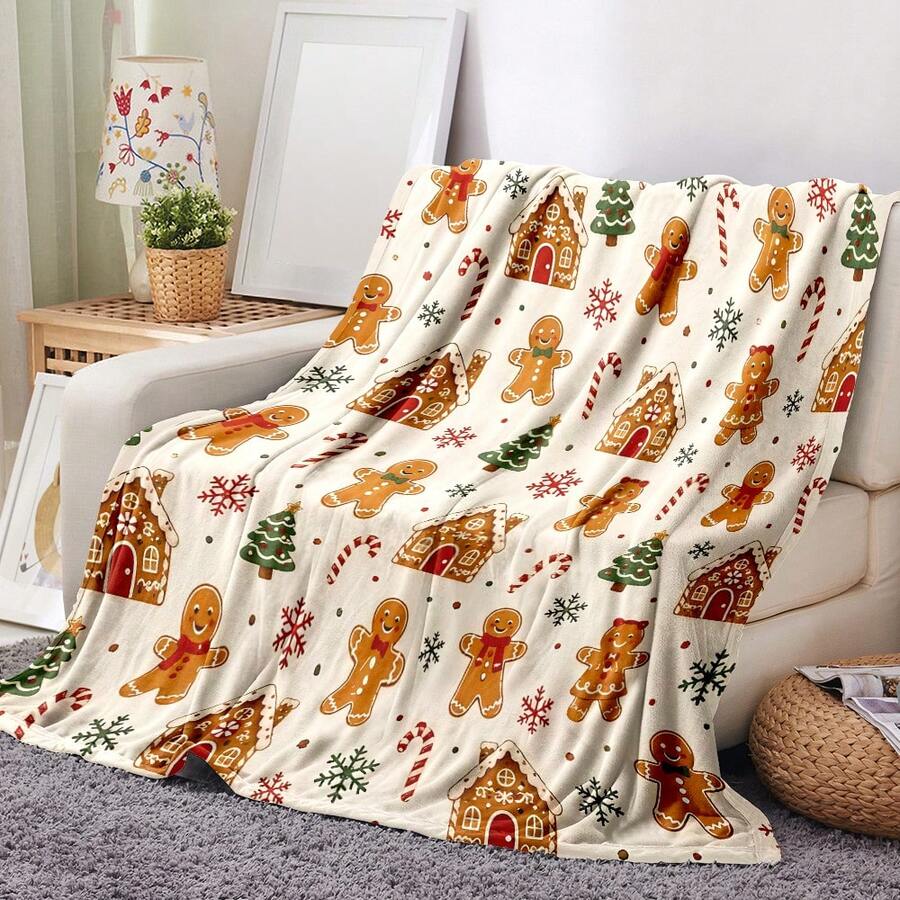 1pc Christmas Gingerbread Man Candy Christmas Blanket, Soft Cartoon Style Throw Blanket For Living Room Sofa Bedroom Autumn Winter Warm Home Decor - Multicolor - View 1