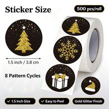 500pcs/Roll Black & Gold Christmas Graffiti Stickers 1.5 Inch Round 8 Patterns Baking Packaging Stickers Envelope Gift Seal Stickers Cup Stickers DIY Decoration Stickers Christmas Atmosphere Stickers PVC Self-Adhesive Label Roll Stickers - Multicolor - View 2