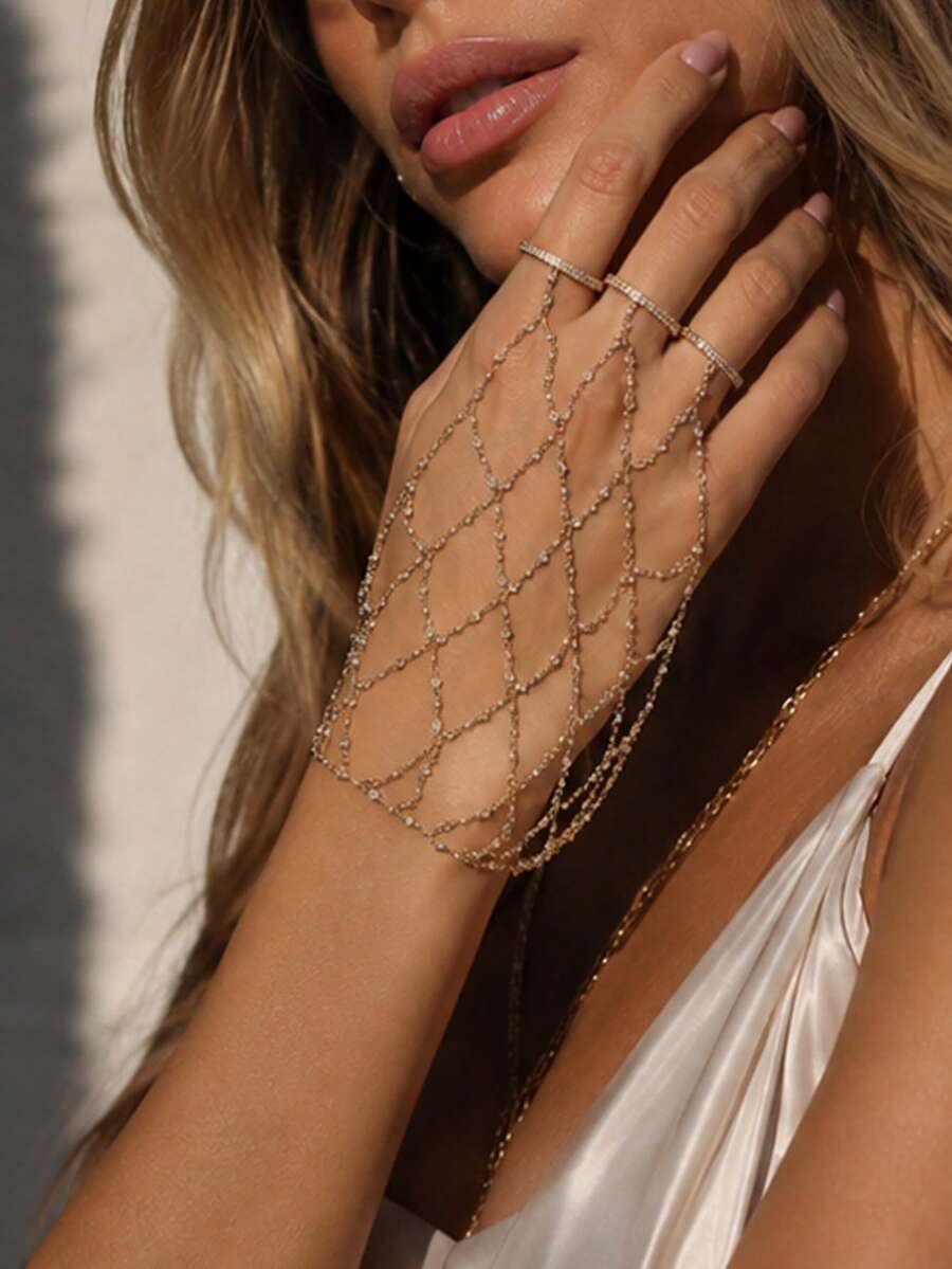 FAAABULS 1pc Gold Shiny Crystal Fishnet Back-Of-Hand Bracelet, Women's Wedding Party Photo Accessory - Multicolor - View 1