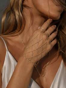 FAAABULS 1pc Gold Shiny Crystal Fishnet Back-Of-Hand Bracelet, Women's Wedding Party Photo Accessory - Multicolor - View 2