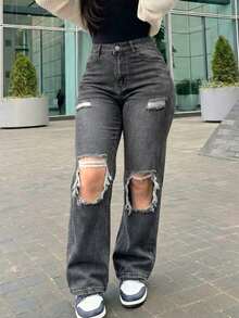 Women's Vintage Loose Button Distressed Pocket Denim Jeans - Dark Grey - View 3