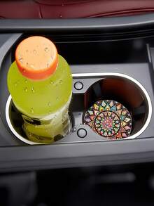 2pcs Boho Mandala Car Cup Coaster, Non‑Slip Decorative Vehicle Cup Holder Insert, Stylish Car Interior Decoration Accessory - Multicolor - View 4