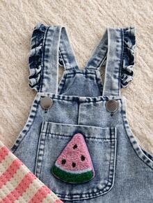 Autumn/Winter Baby Girl Pink & White Striped Bubble Texture Long Sleeve Inner Shirt & 3D Towel Embroidery Watermelon & Washed Denim Wide Leg Overalls 2 Pieces Set - Pink - View 8