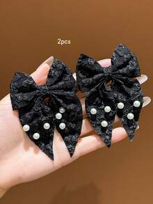2pcs Premium Black Swallowtail Bow Hair Clips, Suitable For Daily Wear Hair Accessories - Multicolor - View 5