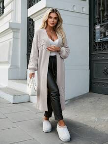 3D Floral Embroidered Rope Long Loose Slouchy Cardigan Sweater, Suitable For Casual, Date, Vacation Wear In Autumn/Winter - Light Khaki - View 1