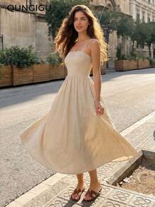 Women's Spaghetti Strap Lace Trim Elegant Summer Dress, Suitable For Wedding Guest, Evening Party, Graduation Ceremony - Khaki - View 4