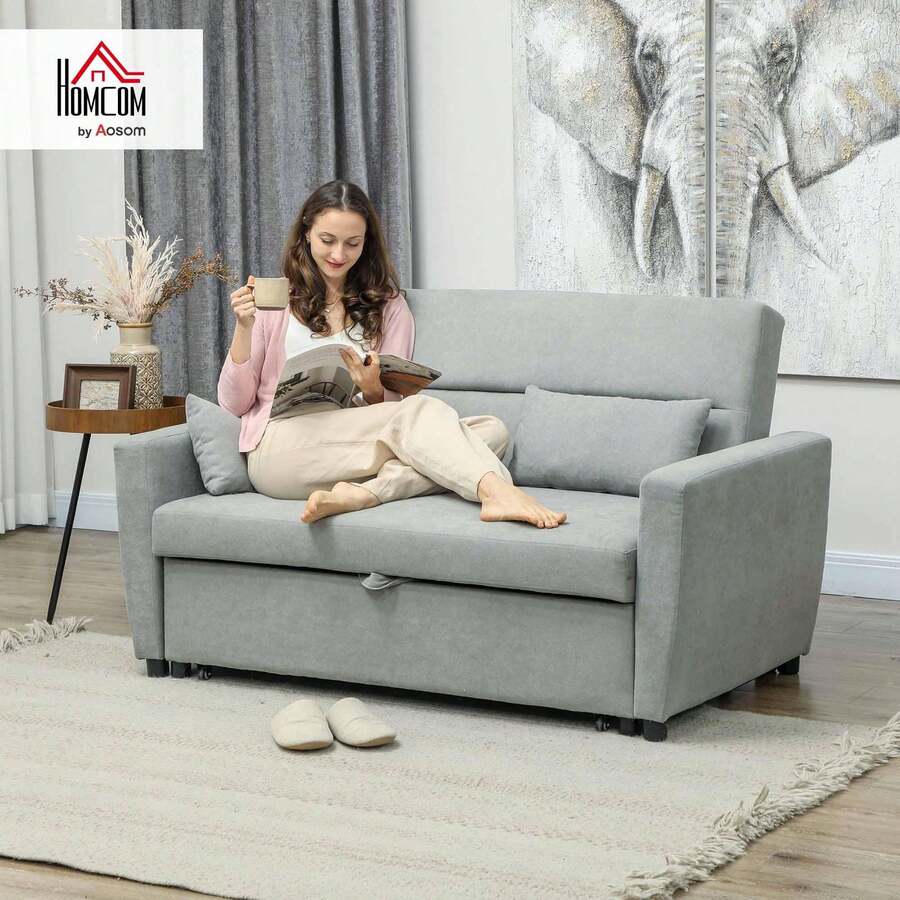 أريكة سرير HOMCOM مع وظيفة النوم، مسند ظهر قابل للتعديل، أريكة رمادية فاتحة بمقعدين، أريكة مع وسائد، مظهر مخملي، أريكة سرير لغرفة المعيشة وغرفة الضيوف - رمادي فاتح - مشاهدة 1