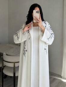 Hafizah Fashionable Embroidered Abaya Cardigan For Women - White - View 3