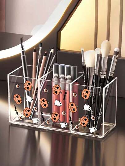 Clear 3‑Grid Makeup Brush Holder With Halloween Pumpkin Ghost Pattern,Clear Cosmetic Organizer,Multifunctional Pen Holder,Storage Cup,Desktop Vanity Decor,For Lipstick, Eyebrow Pencil,For Home School Office Supplies,Halloween Gifts, Party Favors