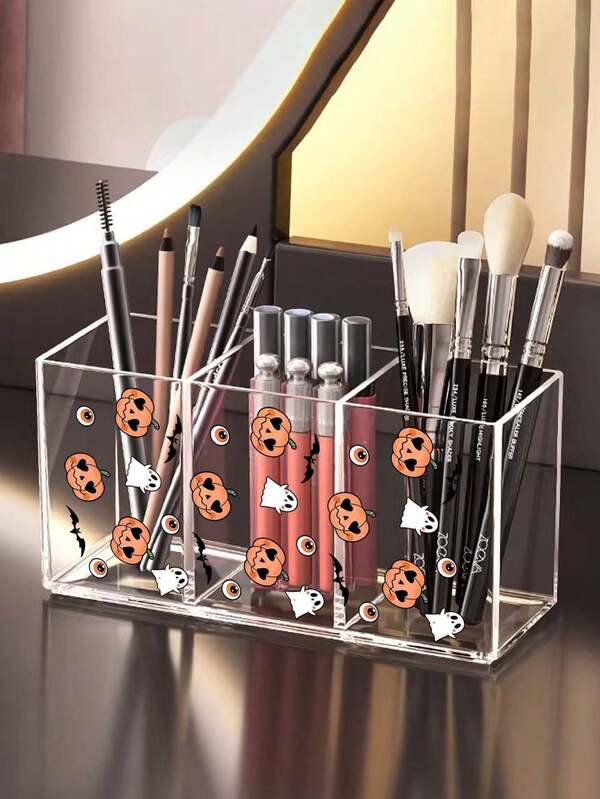 Suporte de Pincéis de Maquiagem Transparente com 3 Compartimentos e Padrão de Abóbora e Fantasma de Halloween, Organizador de Cosméticos Transparente, Porta-Canetas Multifuncional, Copo de Armazenamento, Decoração de Penteadeira, Para Batom, Lápis de Sobrancelha, Para Suprimentos de Casa, Escola e Escritório, Presentes de Halloween, Lembrancinhas de Festa