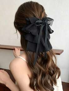 1 buah Jepit Rambut Pita Berlapis-lapis Vintage Hitam, Jepit Rambut Pita Panjang, Jepit Rambut Setengah Terangkat untuk Bagian Belakang Kepala, Aksesori Rambut Elegan Serbaguna untuk Pemakaian Sehari-hari dan Kencan - Hitam - View 4
