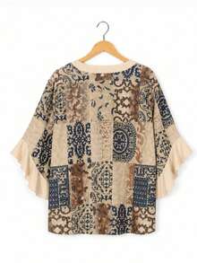 Women's V-Neck Printed Bohemian-Style Three-Quarter SleeveTopFeatures A Classic Design, Suitable Wear, Holidays,Vacations.Polyester Fiber, Non-Stretch - Khaki - View 2