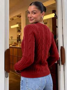 NZZOF Solid Color Knitted Casual Minimalist Slim Fit Versatile Pullover Sweater - Red - View 2