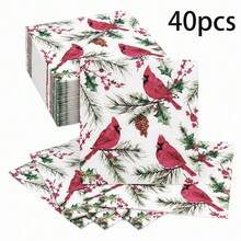 20/60/80 Pcs,Christmas Cardinal Bird Disposable Paper Dinner Tissues,2-Ply Red Cardinal Holly Berry Pine Cone Print Dessert Napkins,Holiday Tableware Supplies For Winter Gathering,Xmas Eve Dinner,New Year Celebration - Multicolor - View 10