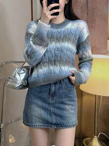 Gradient Color Cable Knit Soft Fluffy Sweater Women Spring Youthful Loose Short Knit Top Random Cut Vacation - Blue - View 2