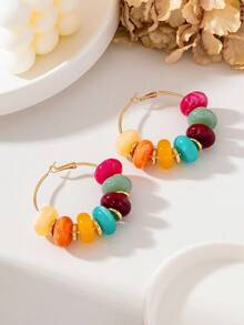1 Pair Personalized Versatile Summer Vacation Beach Style Dopamine Colorful Beaded Hoop Earrings For Women (Bead Color Randomly Arranged) - Multicolor - View 3