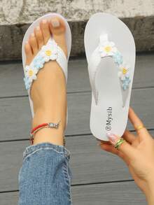 Women's Floral Decor Wedge Flip Flops, Summer Casual Thick Sole Beach Thong Sandals - White - View 5