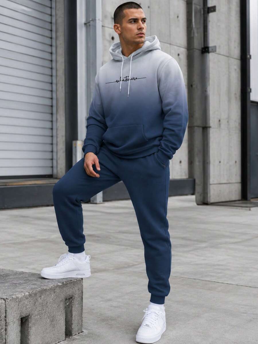 男士春夏/秋冬漸層色字母藝術印花防皺連帽衛衣街頭時尚休閒戶外運動套裝，附彈性腰帶抽繩運動長褲