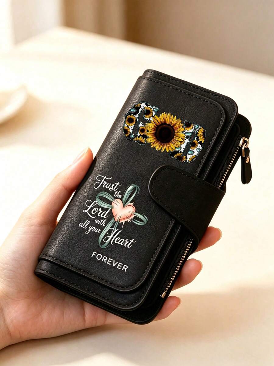 Fashionable Women's Wallet With Cross And God Flower Patterns, Featuring A Ribbon Heart CrossDesign,A Long Hand-Held Bag, An Exquisite Large Capacity Wallet, A Pocket Phone Bag That Can Store Documents, Photos, Cash, And Bank Cards,Wallet Accessories - Multicolor - View 1