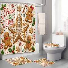 1pc/4pcs Christmas Snowflake Gingerbread Man Multi-Functional Bathroom Decor Shower Curtain Set, Free 12 Hooks, Premium Holiday Atmosphere, Bathroom Mat, U-Shaped Floor Mat And Round Toilet Lid Cover, Suitable For All Christmas Occasions - Snowflake Gingerbread Man - View 9