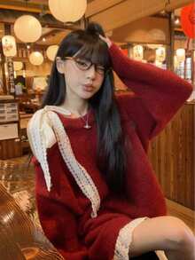 Y6Y 2026 新款獨特蕾絲露肩長袖針織上衣 秋冬女款寬鬆紅色毛衣 - 紅色 - 查看 4