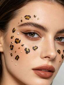1/2pcs Leopard Print Face Stickers With Rhinestones, 3D Facial Gems, Cheek Makeup Decoration, Suitable For EDM Festival, Music Festival, Halloween, Cosplay, Party, Holiday And Other Occasions - Multicolor - View 2