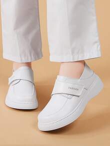 Women Thick-Sole Solid Color Leather Shoes, Fashion School Style Lace-Up Loafers, Comfy Light-Weight Shoes - White - View 3