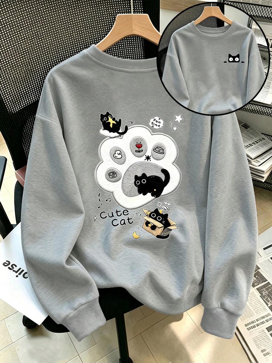 Plus-Size Women's Casual Sweatshirt With Cute Black Cat Paw Cartoon Graphic Double-Sided Print, Perfect For Autumn And Winter Everyday Street Style. - Grey - View 1