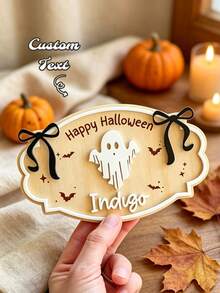 Custom 3D Halloween Wooden Name Plate, 2 Styles Ghost Theme Candy Basket Name Plate, Suitable For Haunted House, Halloween Party Trick Or Treat Decoration Name Plate - Multicolor - View 1