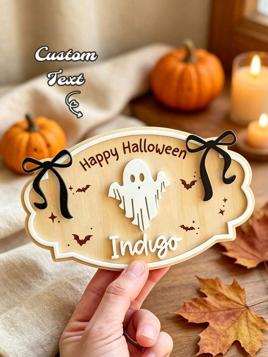 Bảng tên gỗ 3D Halloween tùy chỉnh, 2 kiểu chủ đề ma với giỏ kẹo, phù hợp trang trí nhà ma, tiệc Halloween Trick or Treat - Nhiều màu - Xem 1