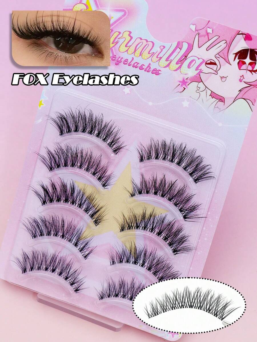 5 Pairs Winged Elongated False Eyelashes, Outer‑Corner Lifted Slanted Upturned Strip Lashes, Fluffy Voluminous Lashes, Invisible Thin Clear Band Soft Reusable Dramatic Eye Lashes, Invisible Thin Clear Band Soft Reusable Dramatic Eye Lashes - Black - View 1
